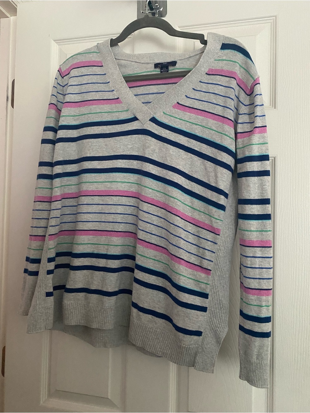 GAP Gray V-Neck Sweater with Navy, Pink & Green Stripes- XL